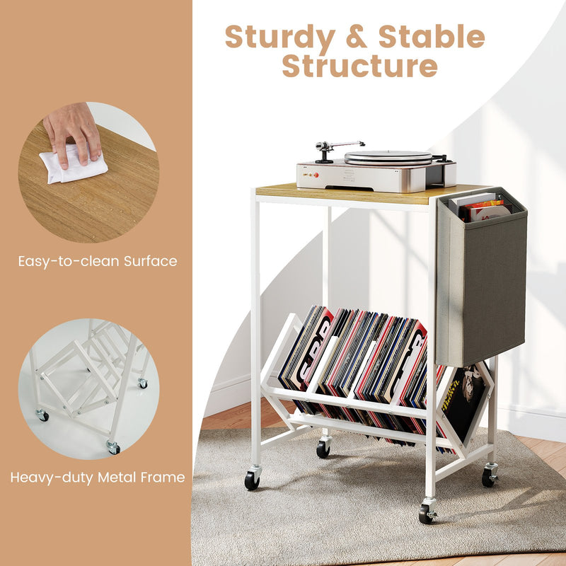 Rolling Record Player Stand 2-Tier with Vinyl Storage and Magazine Holder Bag-Natural