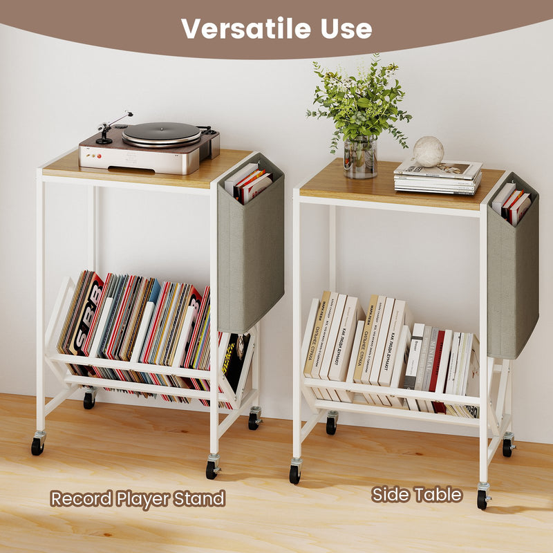 Rolling Record Player Stand 2-Tier with Vinyl Storage and Magazine Holder Bag-Natural