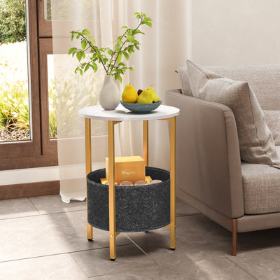 Round End Table 2-Tier Side Table with Removable Fabric Basket and Metal Frame-White