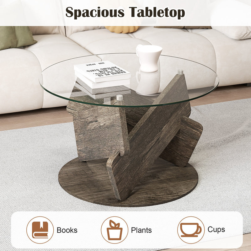 Round Glass Coffee Table 32 Inch Modern Center Table with Tempered Glass Top-Gray
