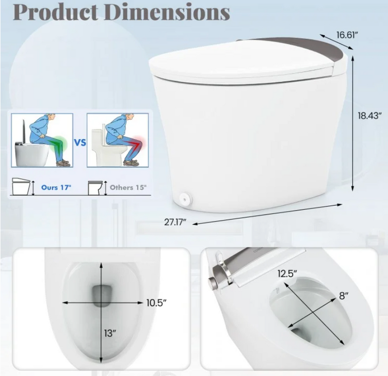 Smart Toilet New 2025 One-Piece Smart 1.16 GPF Elongated Bidet, Toilet Seat with Night Light 27.17" x 16.61" x 18.43"