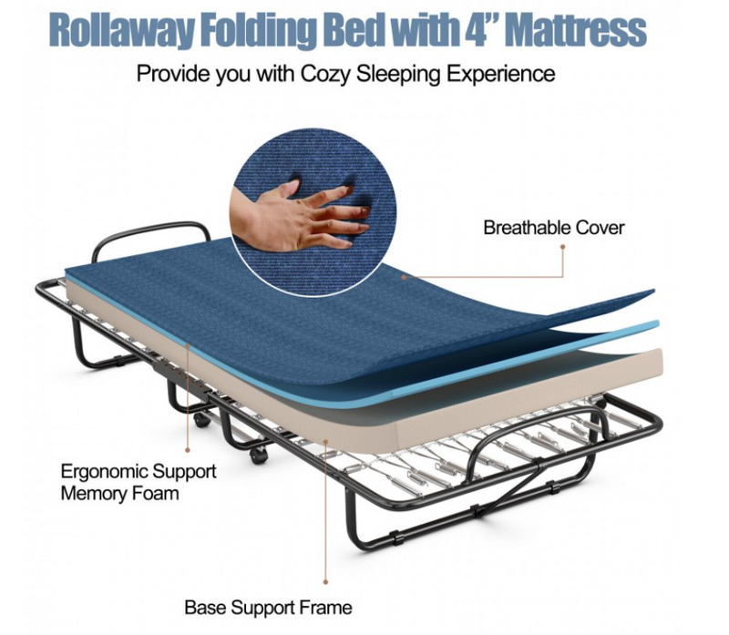 *Rollaway Guest Bed with Sturdy Steel Frame and Memory Foam Mattress Made in Italy - Navy
