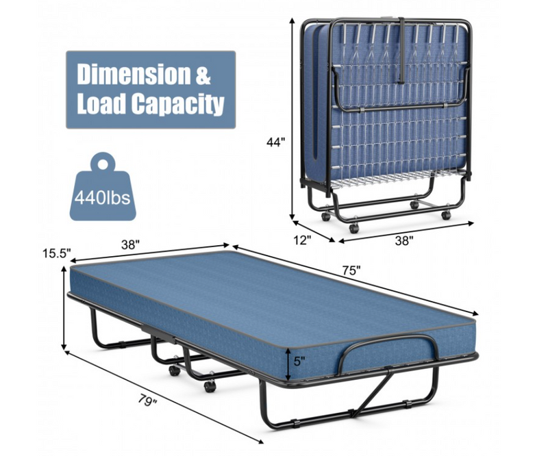*Rollaway Guest Bed with Sturdy Steel Frame and Memory Foam Mattress Made in Italy - Navy