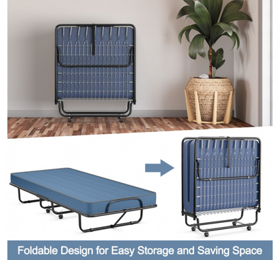 *Rollaway Guest Bed with Sturdy Steel Frame and Memory Foam Mattress Made in Italy - Navy