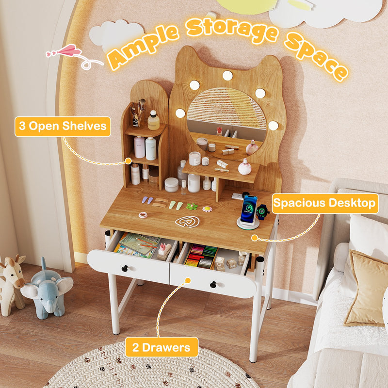 Small Vanity Desk with Mirror and Lights Cute Kitty Makeup Table with Power Outlets-Natural