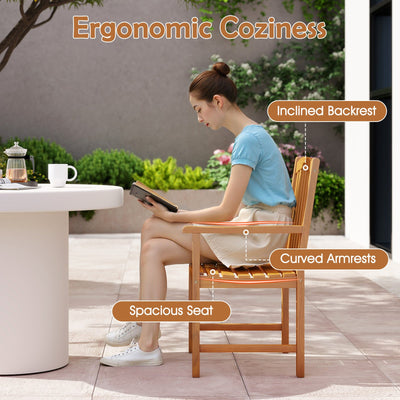 Solid Acacia Wood Patio Chairs Set of 2 with Slatted Seat and Inclined Backrest for Porch