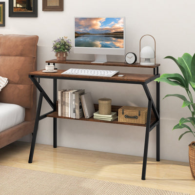 Space Saving Computer Desk with Monitor Stand and Extra Storage Shelf for Work Study-Rustic Brown
