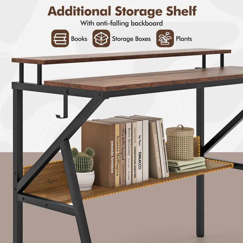Space Saving Computer Desk with Monitor Stand and Extra Storage Shelf for Work Study-Rustic Brown