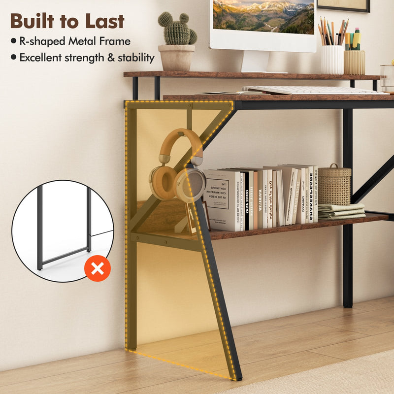 Space Saving Computer Desk with Monitor Stand and Extra Storage Shelf for Work Study-Rustic Brown