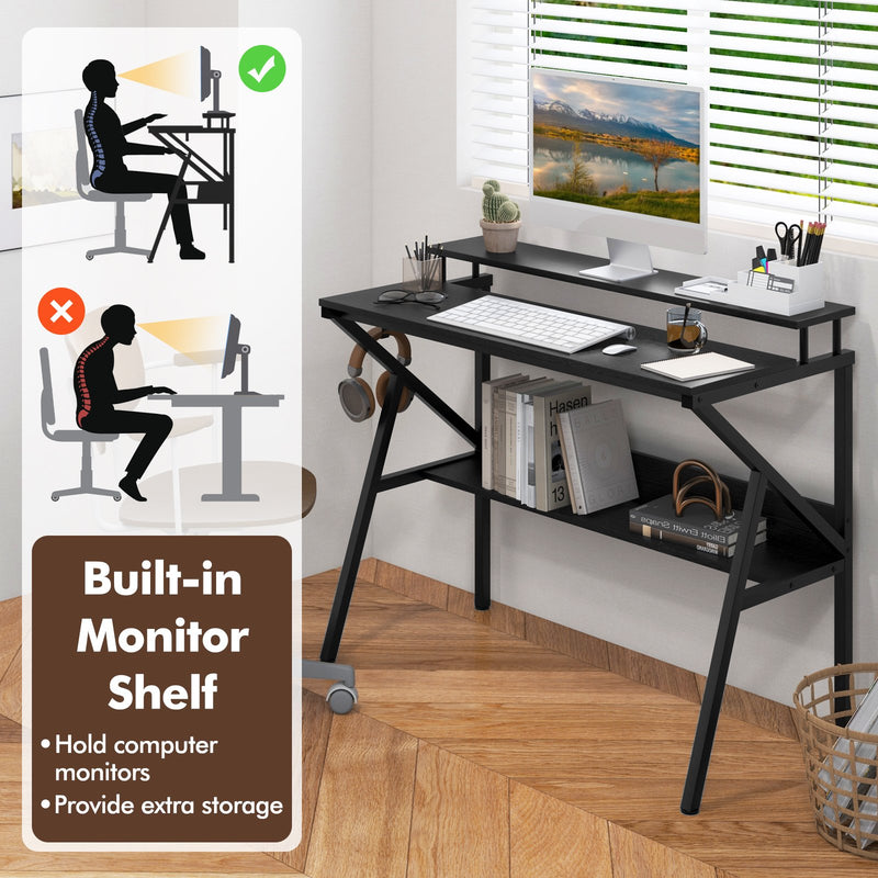 Space Saving Computer Desk with Monitor Stand and Extra Storage Shelf for Work Study-Black