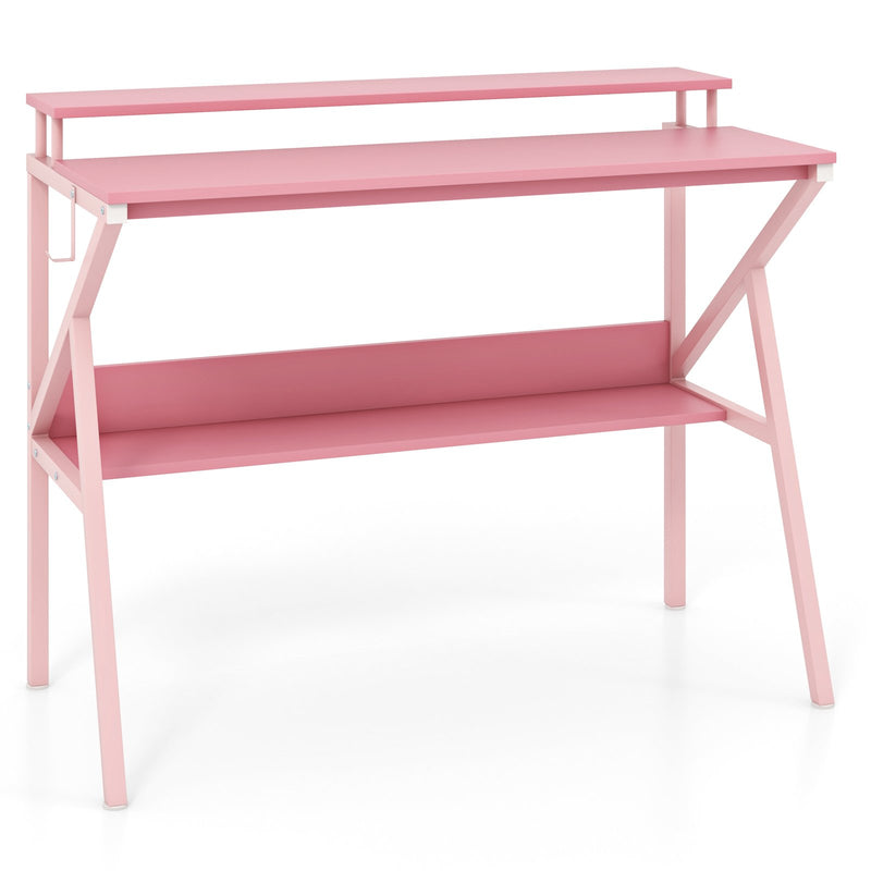 Space Saving Computer Desk with Monitor Stand and Extra Storage Shelf for Work Study-Pink