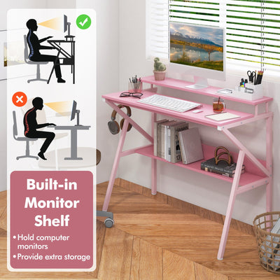 Space Saving Computer Desk with Monitor Stand and Extra Storage Shelf for Work Study-Pink