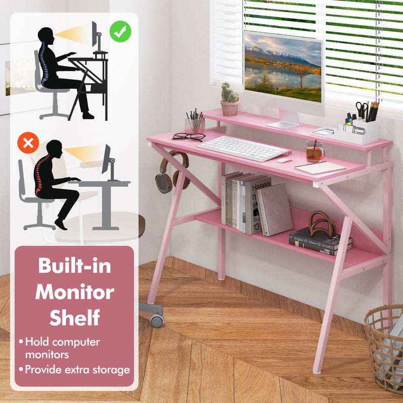 Space Saving Computer Desk with Monitor Stand and Extra Storage Shelf for Work Study-Pink