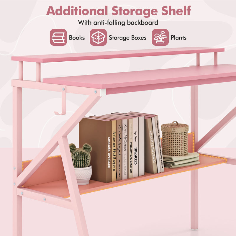Space Saving Computer Desk with Monitor Stand and Extra Storage Shelf for Work Study-Pink