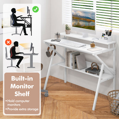 Space Saving Computer Desk with Monitor Stand and Extra Storage Shelf for Work Study-White