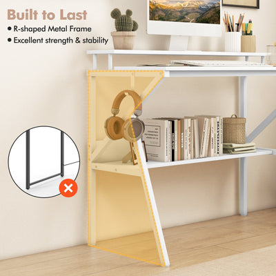 Space Saving Computer Desk with Monitor Stand and Extra Storage Shelf for Work Study-White