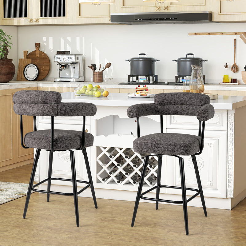Swivel Bar Stool Set of 2 Counter Height Chairs with Curved Back and Arms-Grey