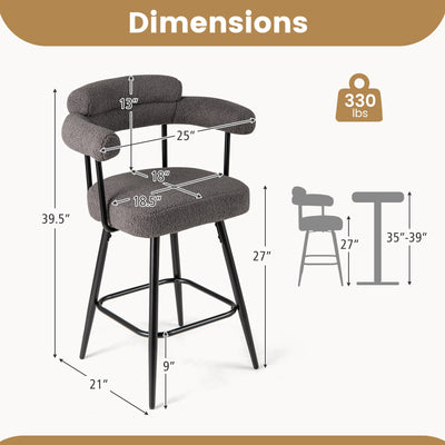 Swivel Bar Stool Set of 2 Counter Height Chairs with Curved Back and Arms-Grey