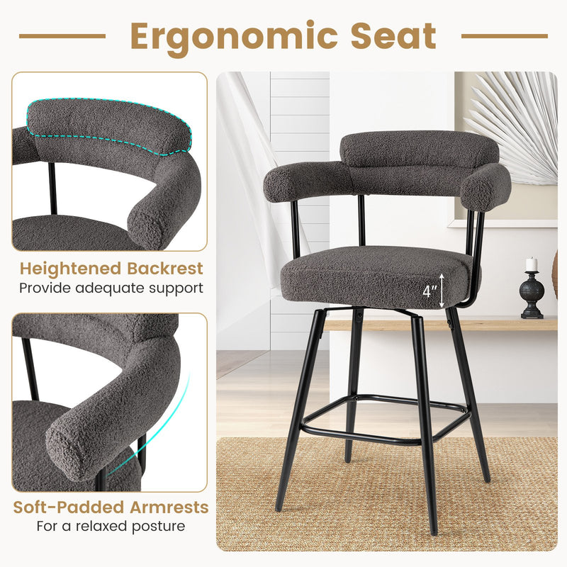Swivel Bar Stool Set of 2 Counter Height Chairs with Curved Back and Arms-Grey
