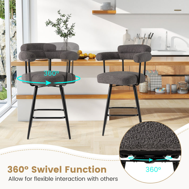 Swivel Bar Stool Set of 2 Counter Height Chairs with Curved Back and Arms-Grey