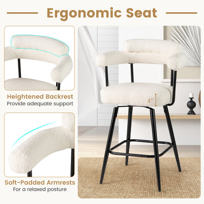 Swivel Bar Stool Set of 2 Counter Height Chairs with Curved Back and Arms-White