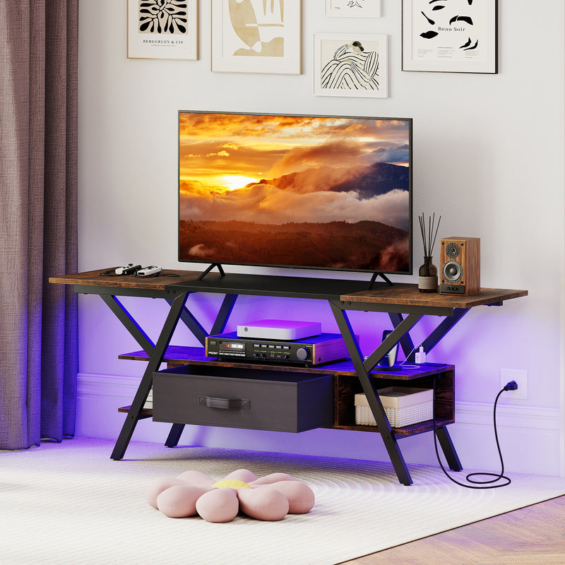 TV Stand for 65 Inch TVs with Power Outlets and LED Lights-Rustic Brow