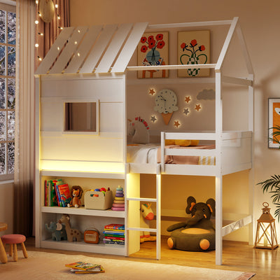 Twin Size Loft Bed with LED Lights  Roof  Window and Storage Bookshelf-White
