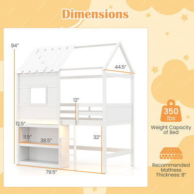 Twin Size Loft Bed with LED Lights  Roof  Window and Storage Bookshelf-White
