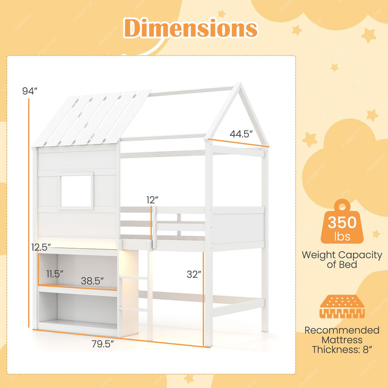 Twin Size Loft Bed with LED Lights  Roof  Window and Storage Bookshelf-White