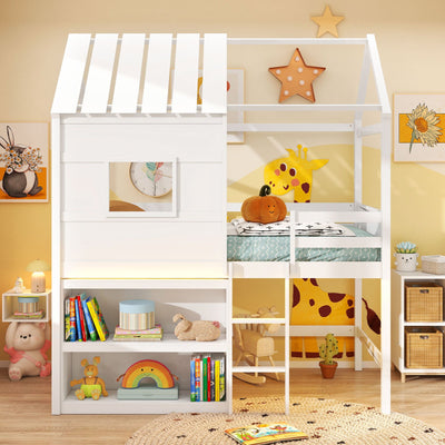 Twin Size Loft Bed with LED Lights  Roof  Window and Storage Bookshelf-White