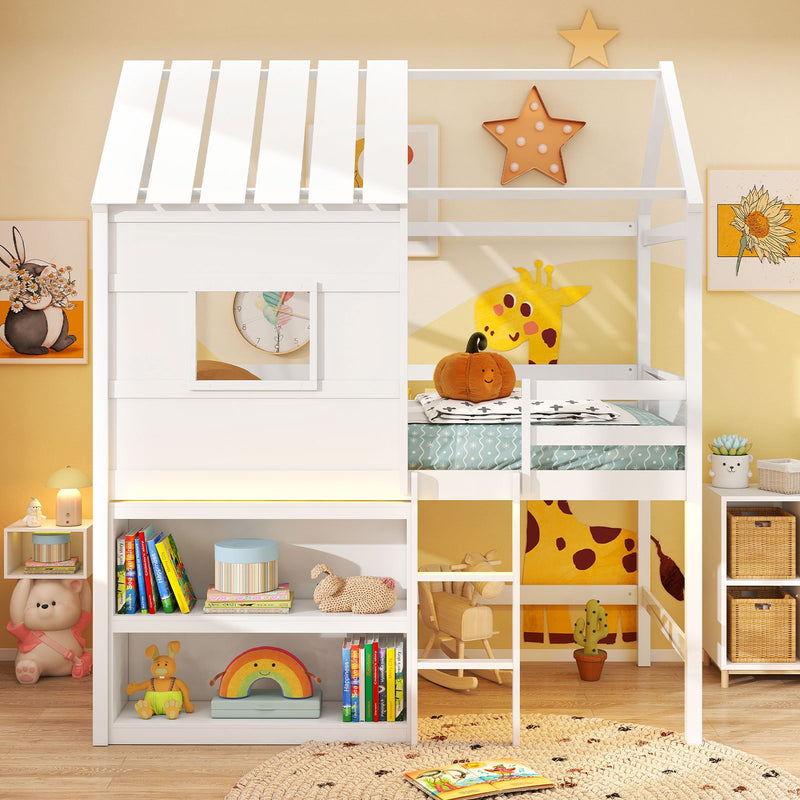 Twin Size Loft Bed with LED Lights  Roof  Window and Storage Bookshelf-White