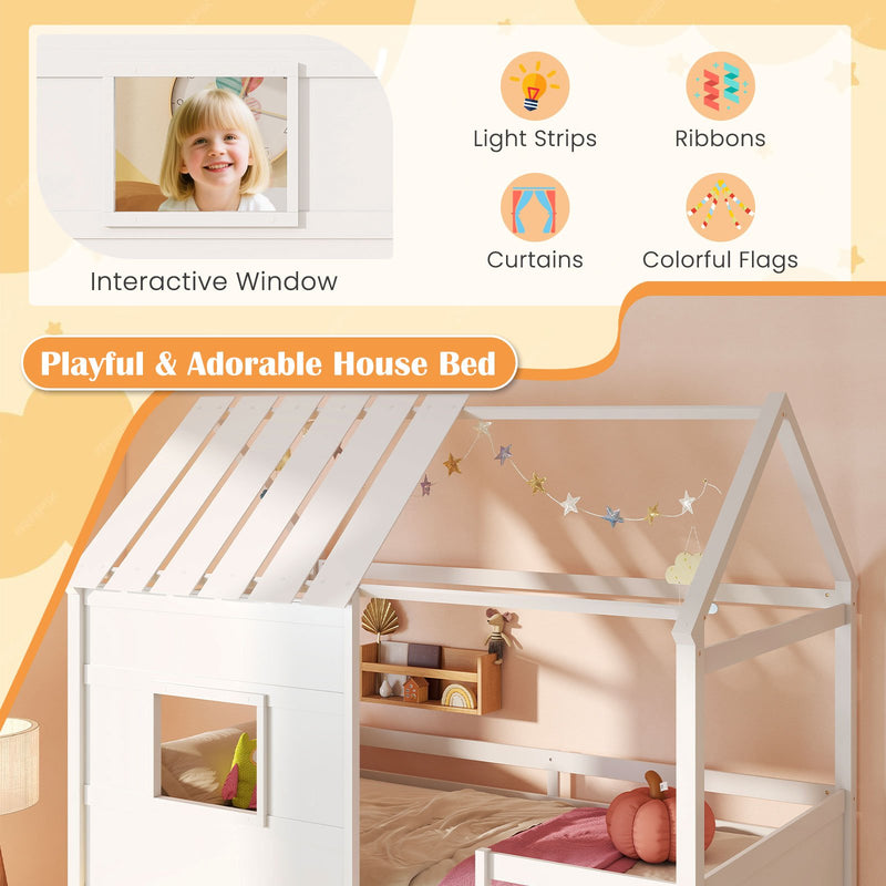 Twin Size Loft Bed with LED Lights  Roof  Window and Storage Bookshelf-White
