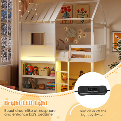 Twin Size Loft Bed with LED Lights  Roof  Window and Storage Bookshelf-White