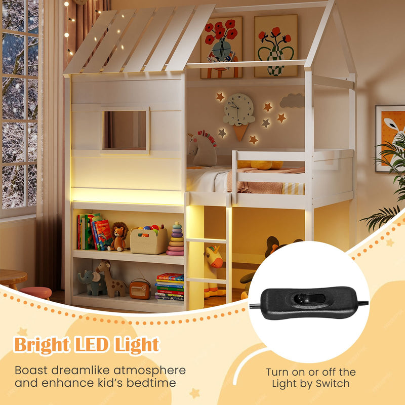 Twin Size Loft Bed with LED Lights  Roof  Window and Storage Bookshelf-White