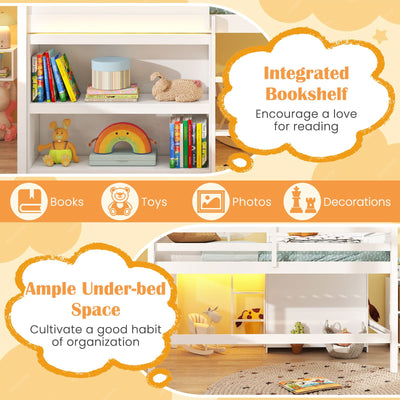 Twin Size Loft Bed with LED Lights  Roof  Window and Storage Bookshelf-White