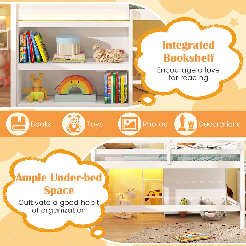 Twin Size Loft Bed with LED Lights  Roof  Window and Storage Bookshelf-White
