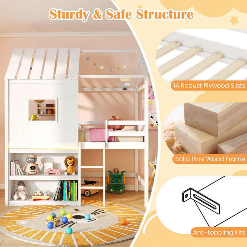 Twin Size Loft Bed with LED Lights  Roof  Window and Storage Bookshelf-White