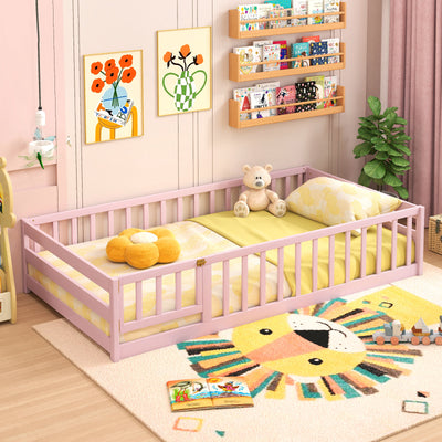 Twin Size Montessori Floor Bed Frame with Full Length Safety Guardrails-Pink