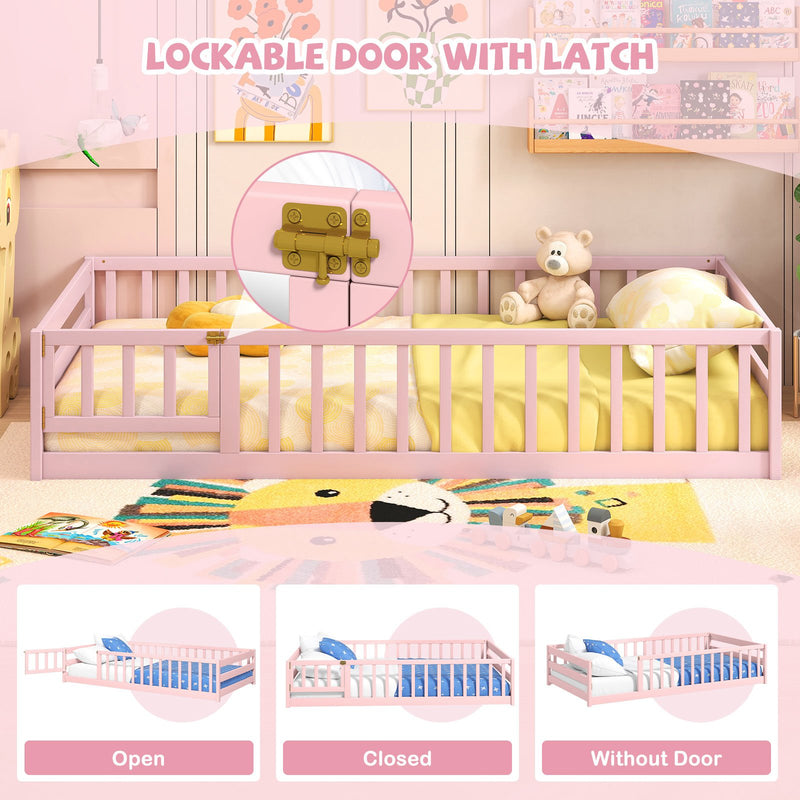 Twin Size Montessori Floor Bed Frame with Full Length Safety Guardrails-Pink