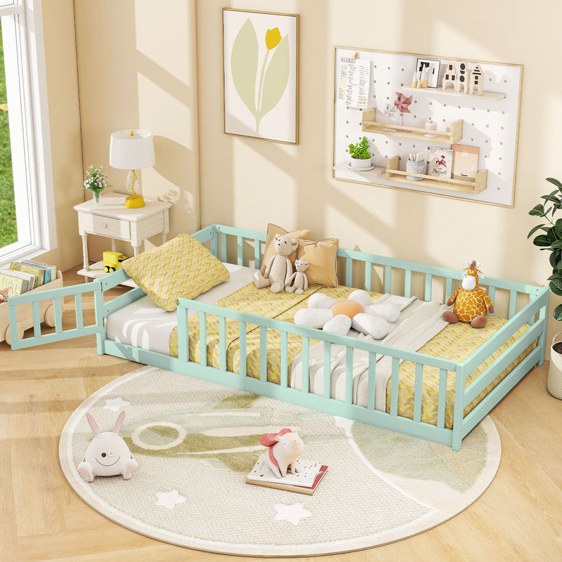 Twin Size Montessori Floor Bed Frame with Full Length Safety Guardrails-Green