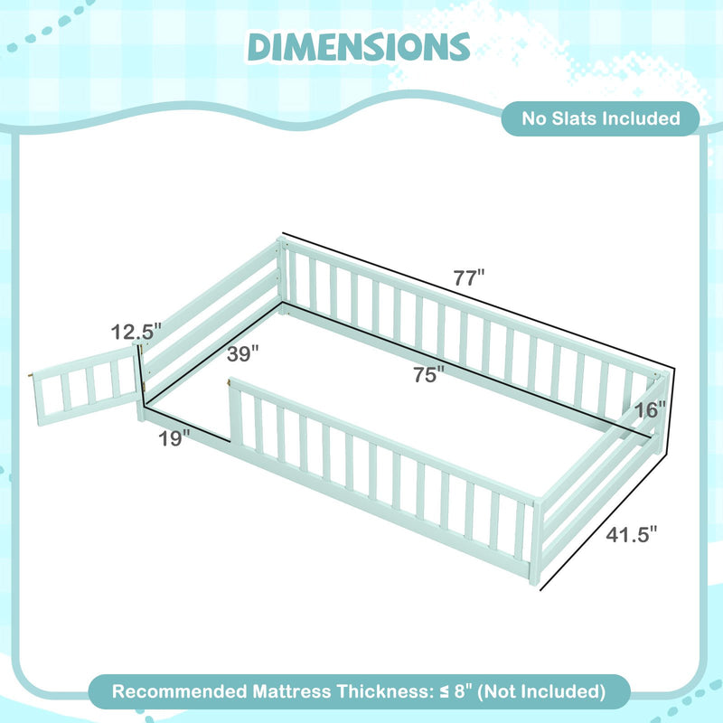 Twin Size Montessori Floor Bed Frame with Full Length Safety Guardrails-Green