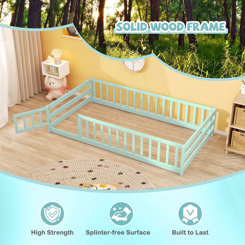 Twin Size Montessori Floor Bed Frame with Full Length Safety Guardrails-Green
