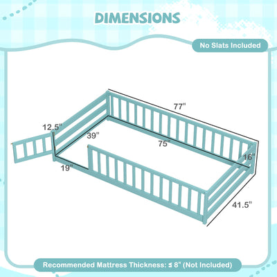 Twin Size Montessori Floor Bed Frame with Full Length Safety Guardrails-Dark Green