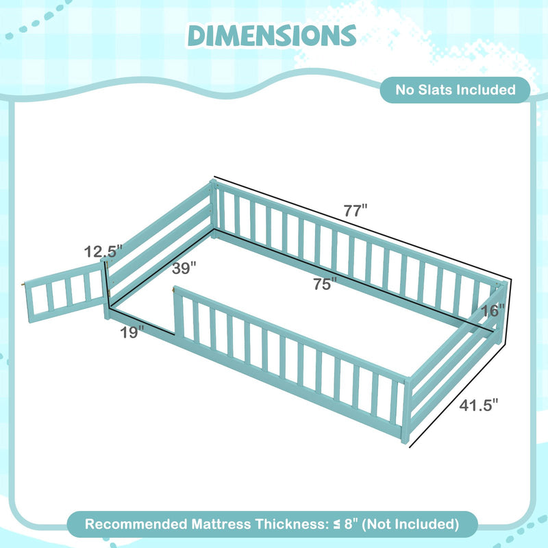 Twin Size Montessori Floor Bed Frame with Full Length Safety Guardrails-Dark Green