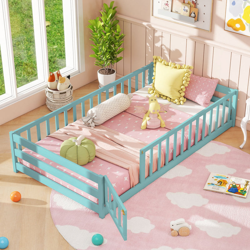 Twin Size Montessori Floor Bed Frame with Full Length Safety Guardrails-Dark Green