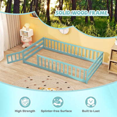 Twin Size Montessori Floor Bed Frame with Full Length Safety Guardrails-Dark Green
