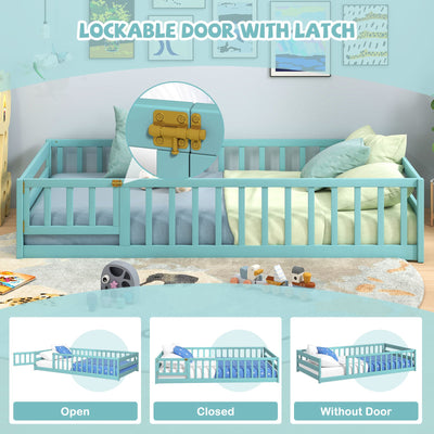 Twin Size Montessori Floor Bed Frame with Full Length Safety Guardrails-Dark Green