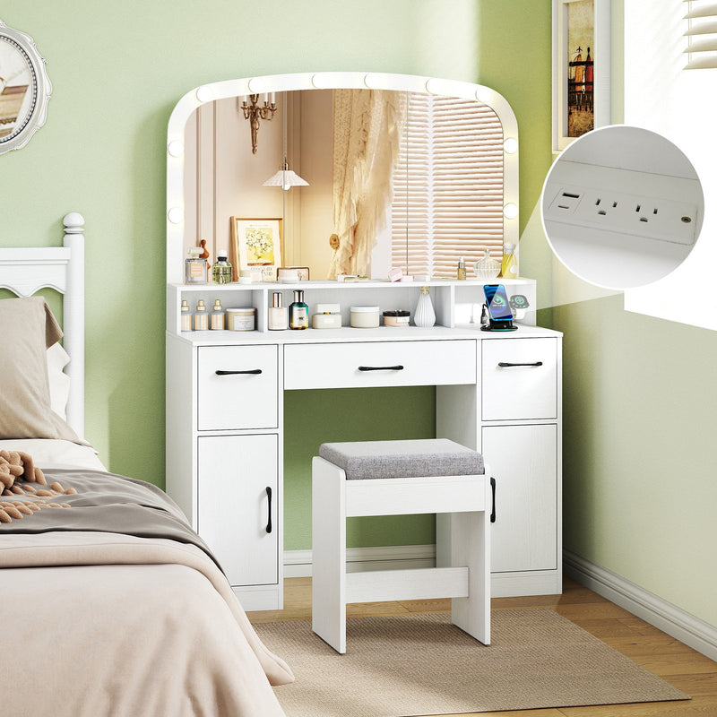 Vanity Desk Makeup Table with Stool 3-Color Lights and Charging Station-White
