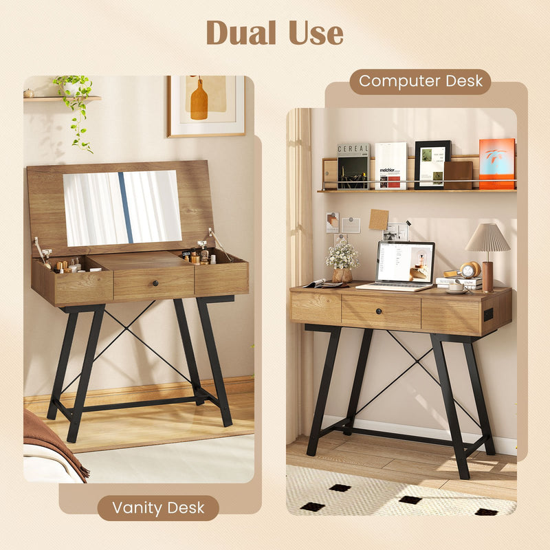 Vanity Desk with Flip Top Mirror Makeup Dressing Table-Rustic Brown