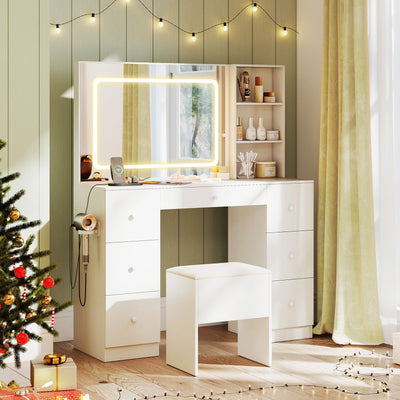 Vanity Desk with Mirror and Lights Makeup Dressing Table Vanity Table and Stool Set-White
